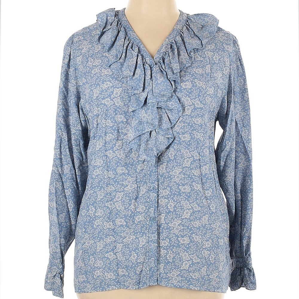 Vintage London Fog Blue Floral Ruffle Top Blouse Long Sleeve Size 14 Large NWT